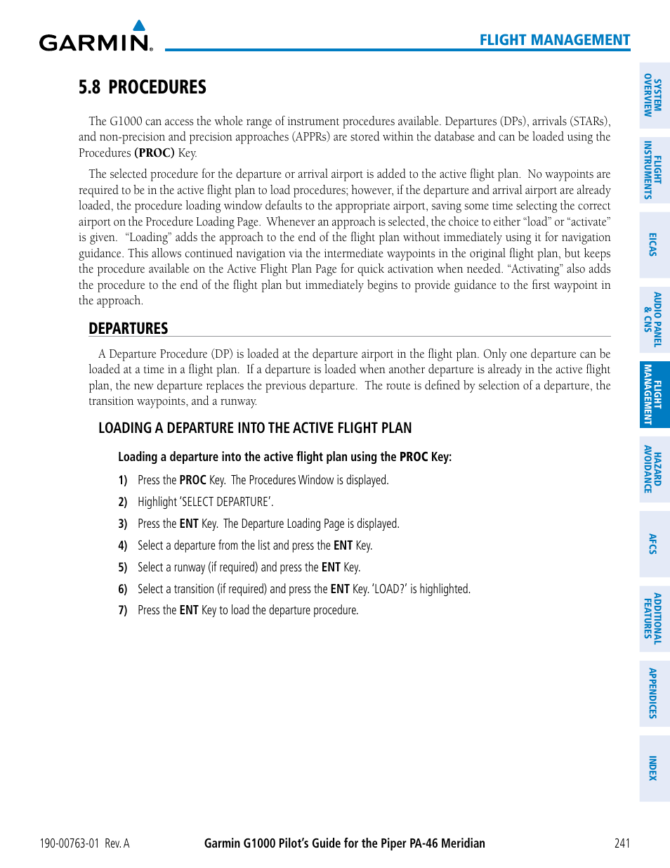8 procedures, Departures, Flight management | Loading a departure into the active flight plan | Garmin G1000 Piper PA-46 Meridian User Manual | Page 255 / 572