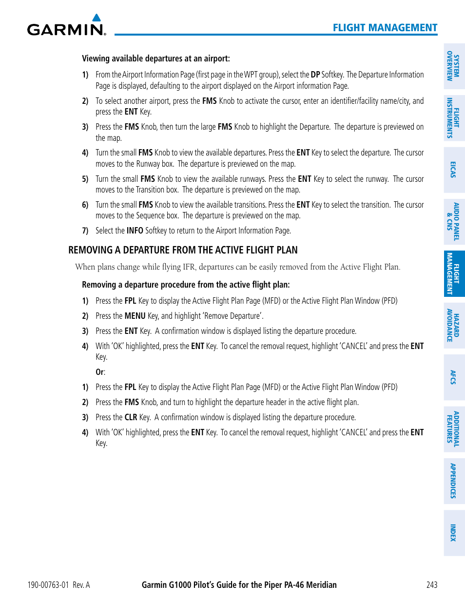 Flight management, Removing a departure from the active flight plan | Garmin G1000 Piper PA-46 Meridian User Manual | Page 257 / 572