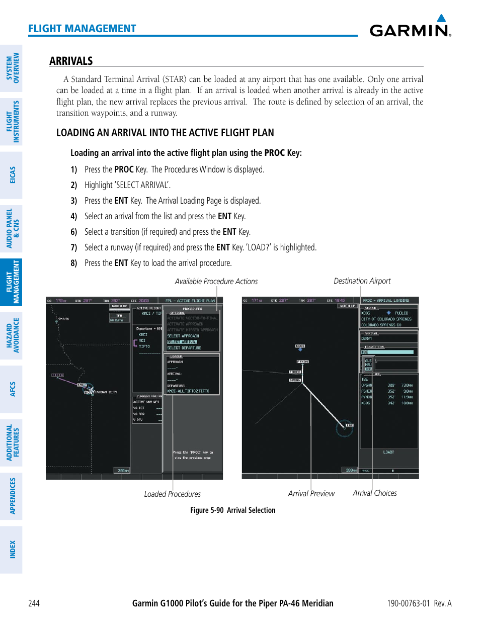 Arrivals, Flight management, Loading an arrival into the active flight plan | Garmin G1000 Piper PA-46 Meridian User Manual | Page 258 / 572
