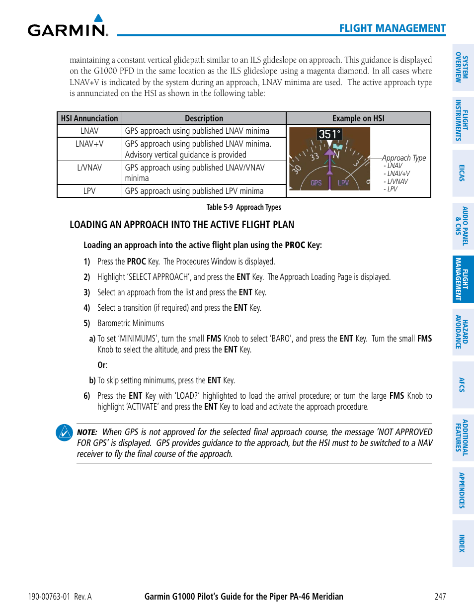 Flight management, Loading an approach into the active flight plan | Garmin G1000 Piper PA-46 Meridian User Manual | Page 261 / 572
