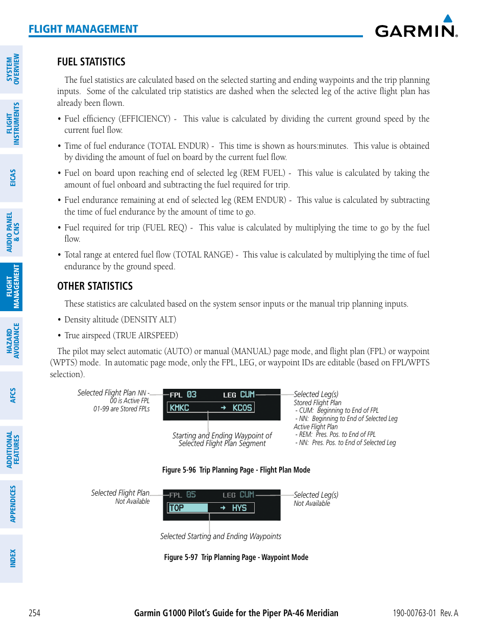 Flight management, Fuel statistics, Other statistics | Garmin G1000 Piper PA-46 Meridian User Manual | Page 268 / 572