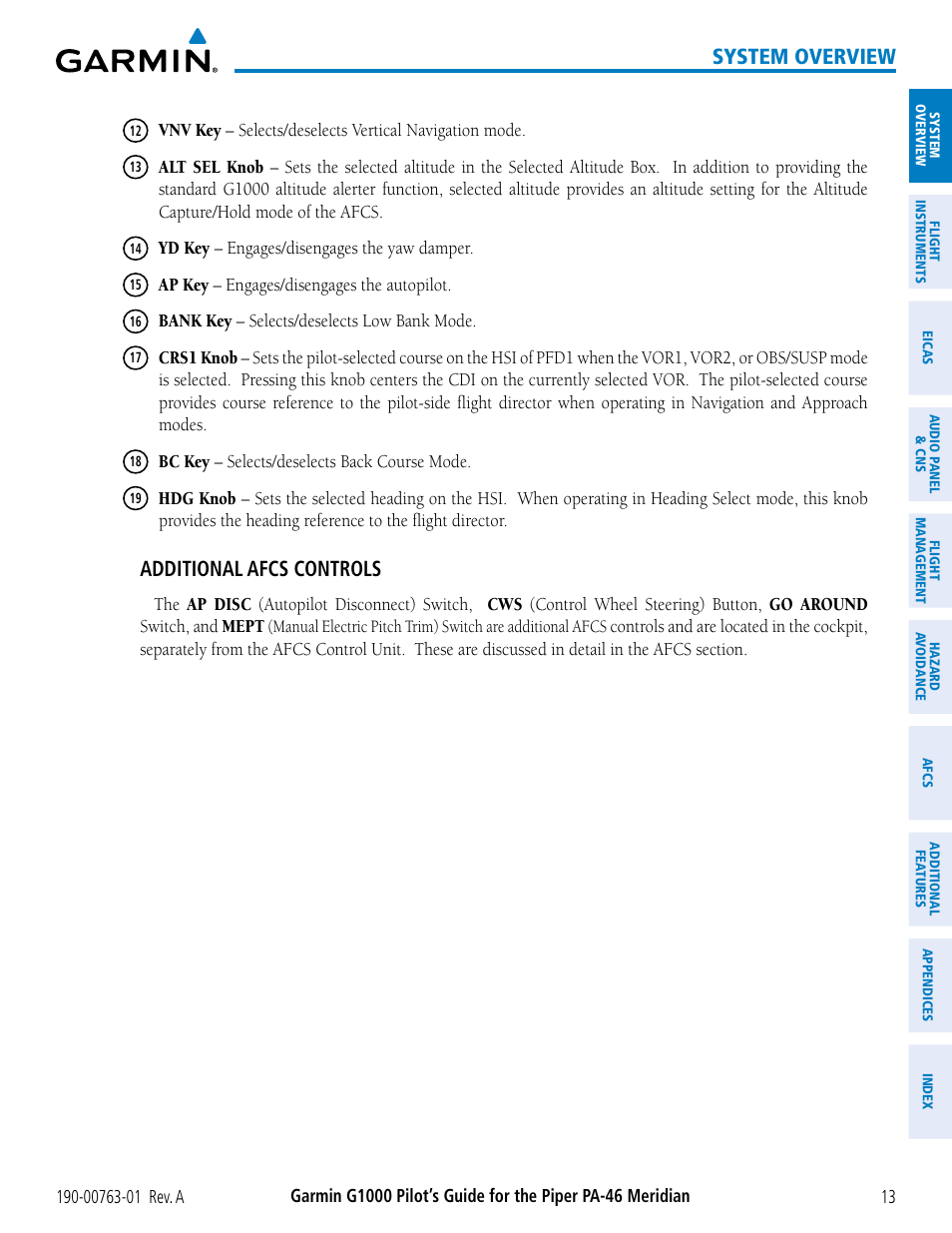 System overview, Additional afcs controls | Garmin G1000 Piper PA-46 Meridian User Manual | Page 27 / 572