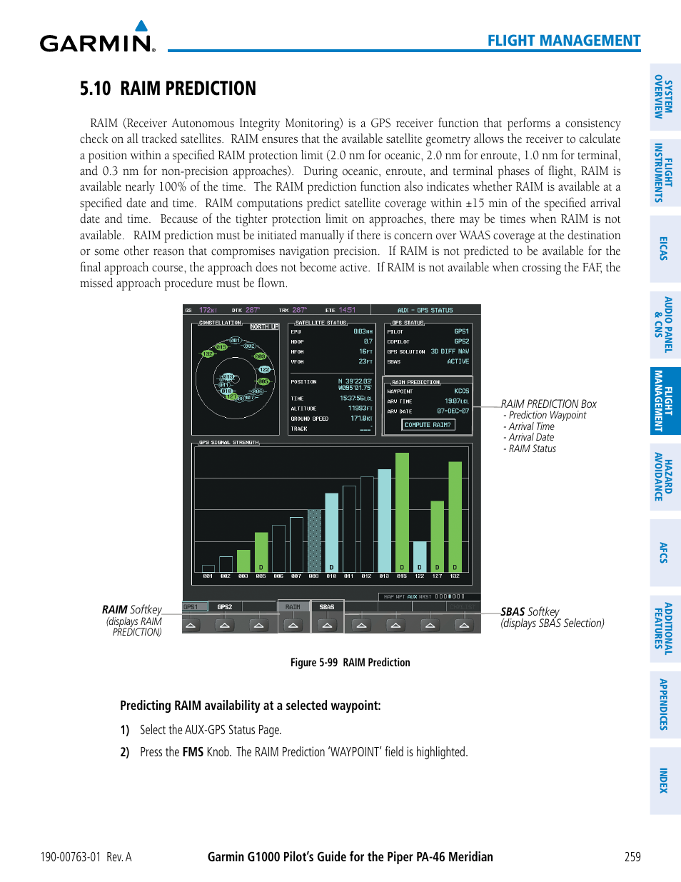 10 raim prediction, Flight management | Garmin G1000 Piper PA-46 Meridian User Manual | Page 273 / 572