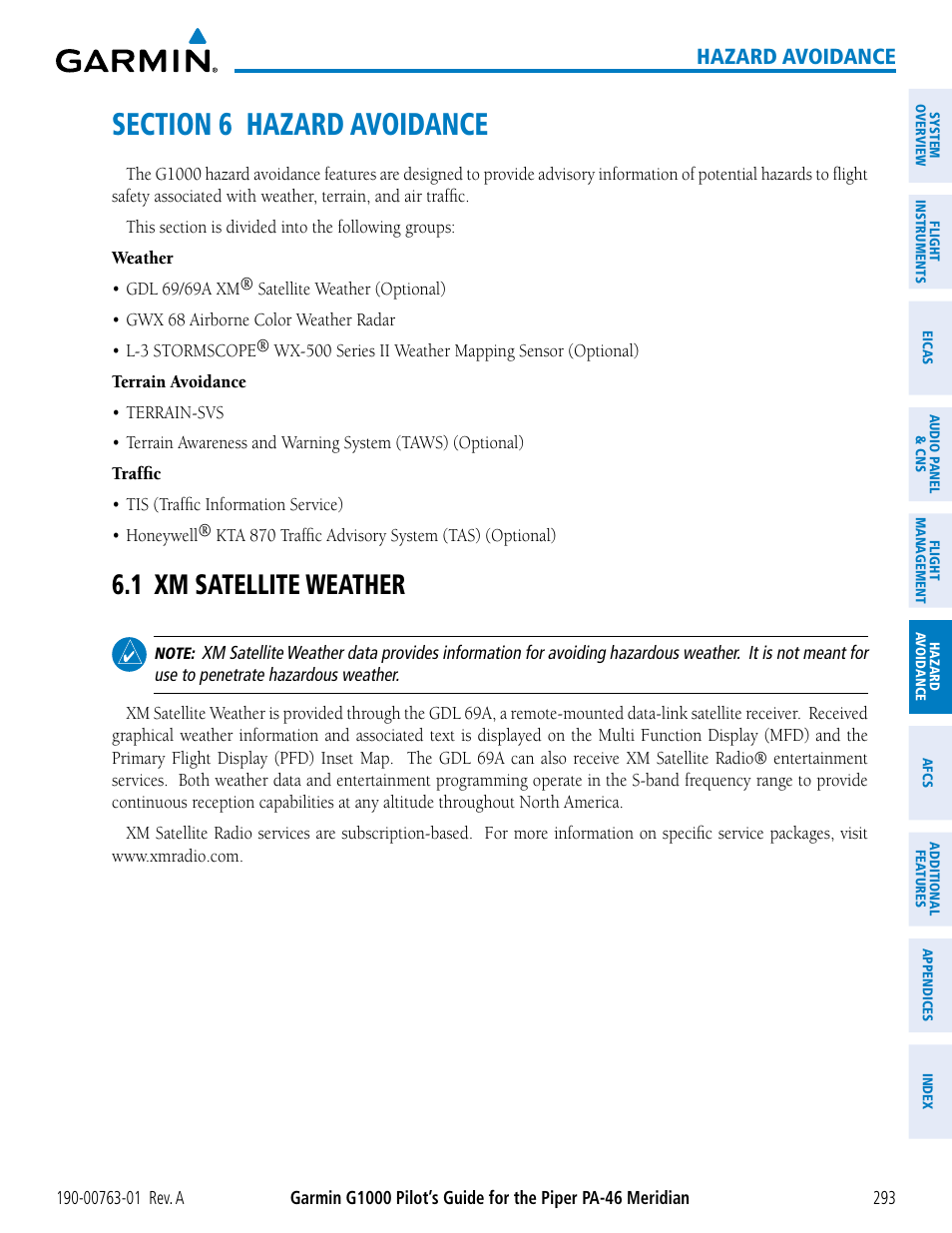 Section 6 hazard avoidance, 1 xm satellite weather, Hazard avoidance | Garmin G1000 Piper PA-46 Meridian User Manual | Page 307 / 572