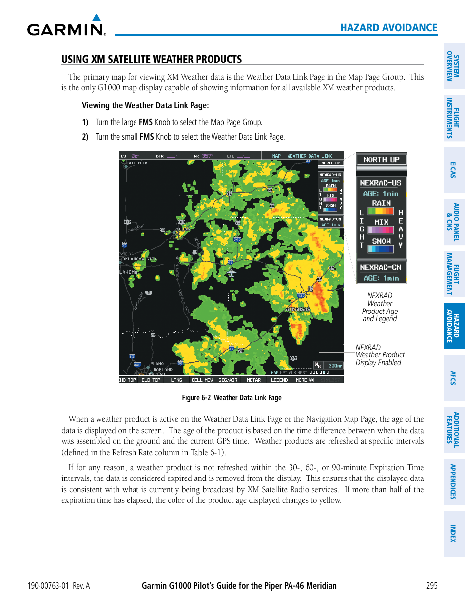 Using xm satellite weather products, Hazard avoidance | Garmin G1000 Piper PA-46 Meridian User Manual | Page 309 / 572