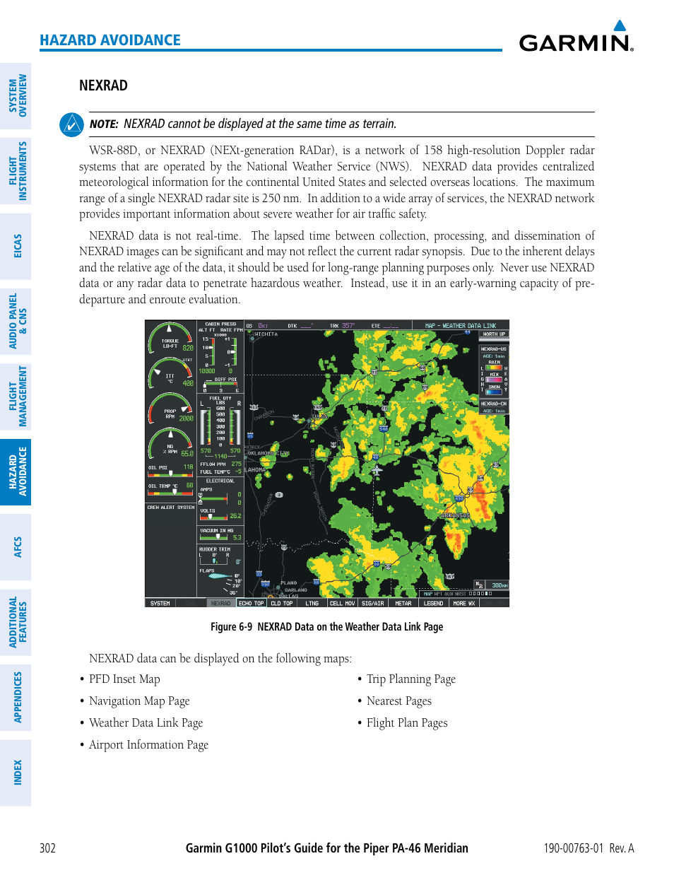 Hazard avoidance, Nexrad | Garmin G1000 Piper PA-46 Meridian User Manual | Page 316 / 572