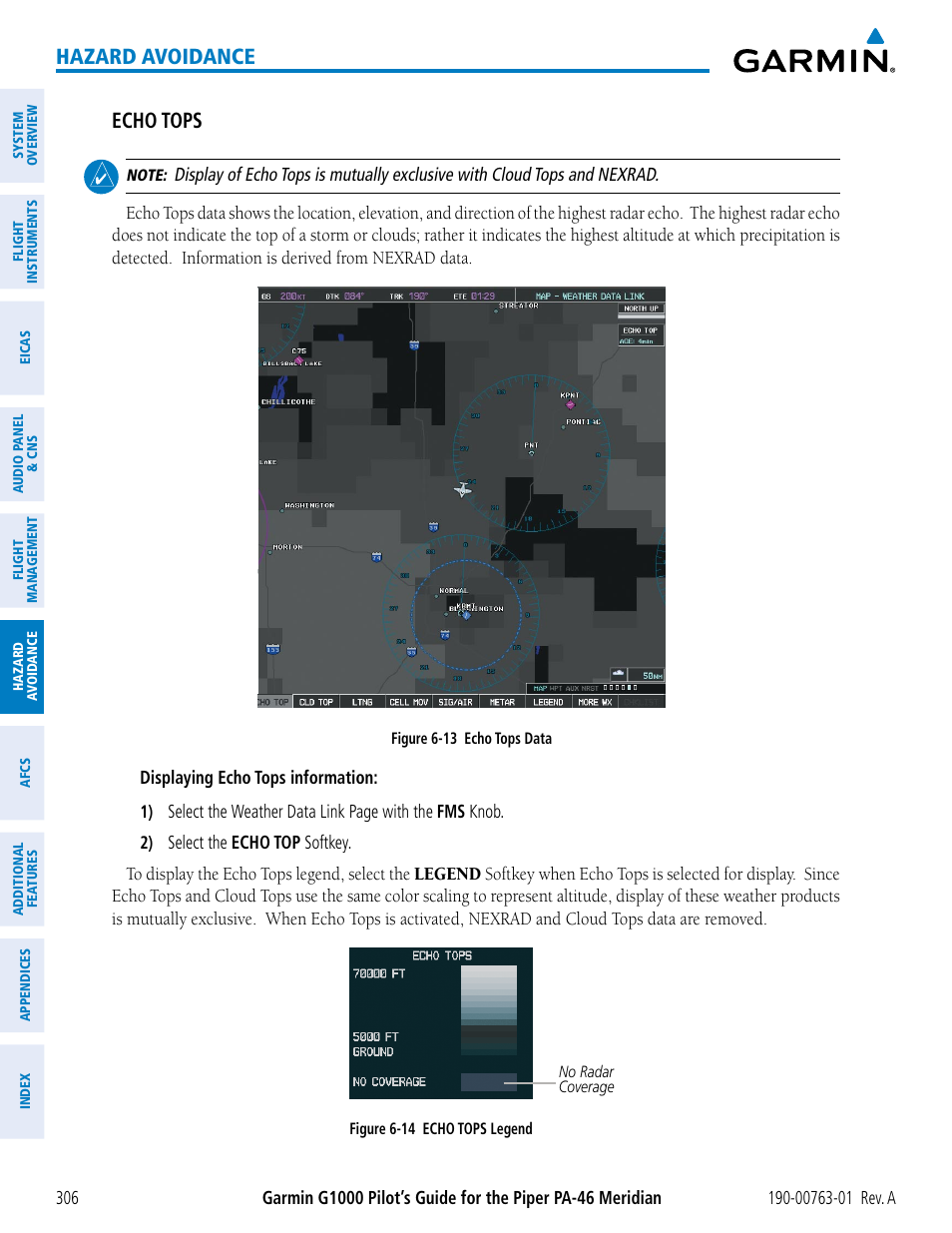 Hazard avoidance, Echo tops | Garmin G1000 Piper PA-46 Meridian User Manual | Page 320 / 572