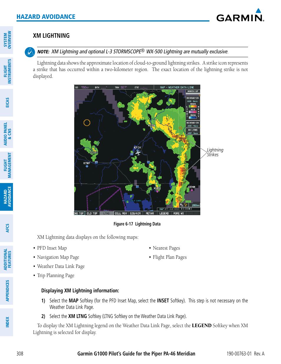 Hazard avoidance, Xm lightning | Garmin G1000 Piper PA-46 Meridian User Manual | Page 322 / 572