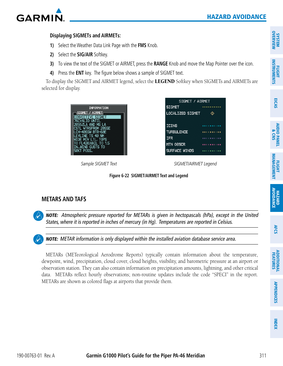 Hazard avoidance, Metars and tafs | Garmin G1000 Piper PA-46 Meridian User Manual | Page 325 / 572