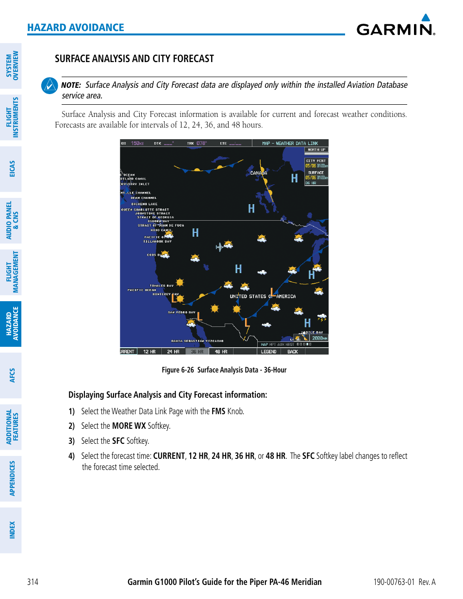 Hazard avoidance, Surface analysis and city forecast | Garmin G1000 Piper PA-46 Meridian User Manual | Page 328 / 572
