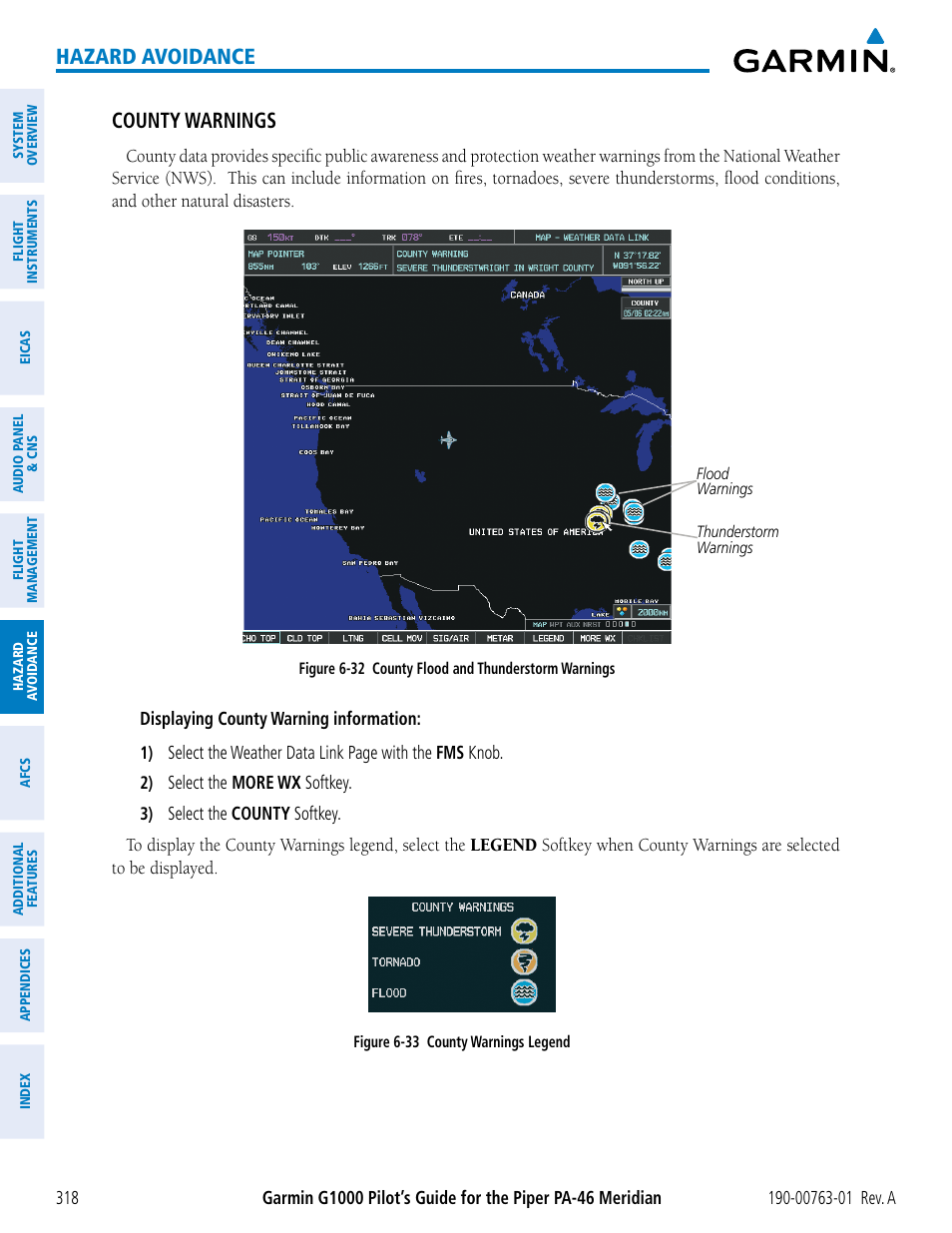 Hazard avoidance, County warnings | Garmin G1000 Piper PA-46 Meridian User Manual | Page 332 / 572