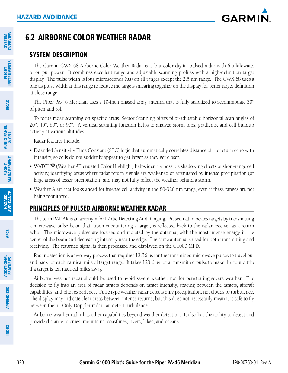 2 airborne color weather radar, System description, Principles of pulsed airborne weather radar | Hazard avoidance | Garmin G1000 Piper PA-46 Meridian User Manual | Page 334 / 572