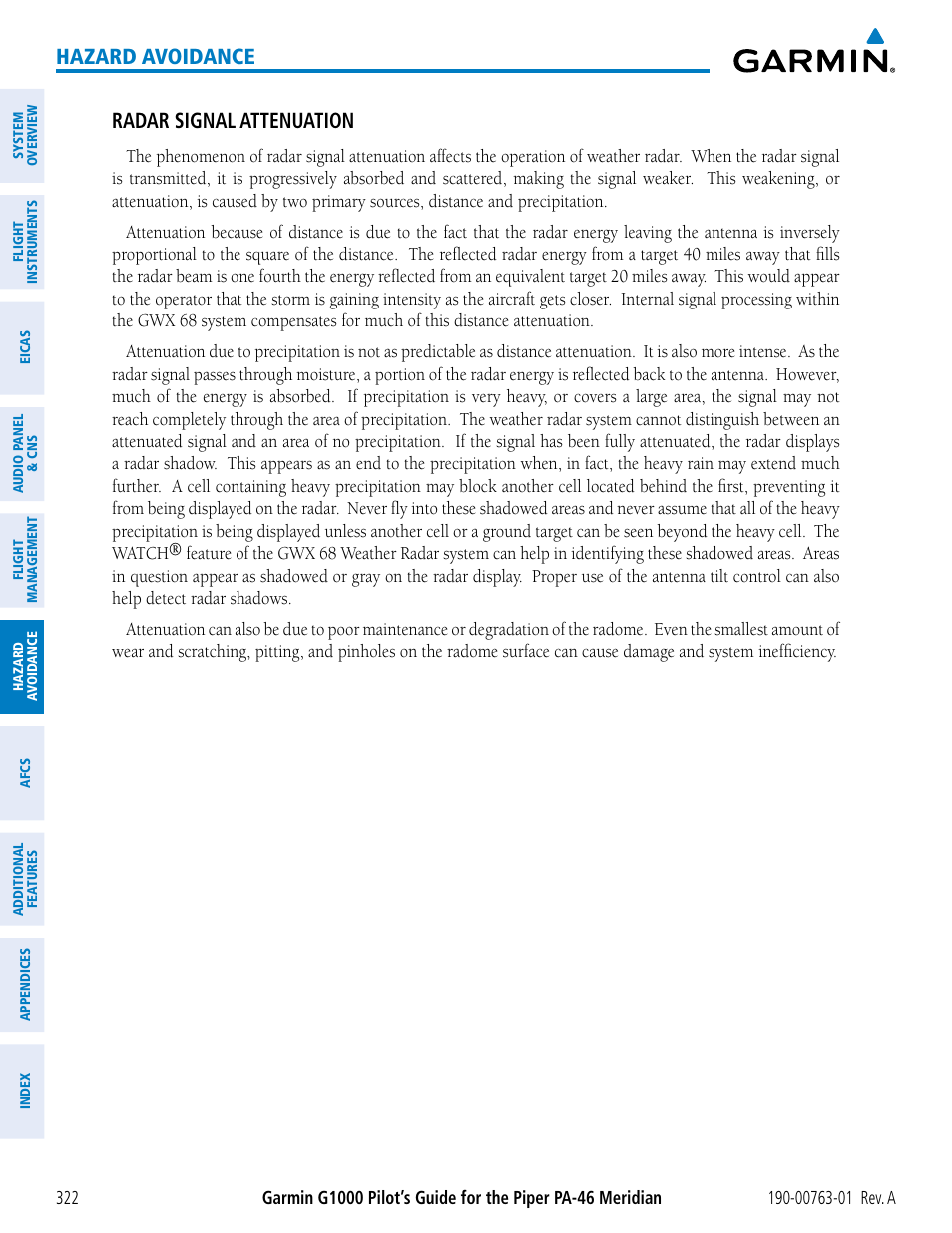 Hazard avoidance, Radar signal attenuation | Garmin G1000 Piper PA-46 Meridian User Manual | Page 336 / 572