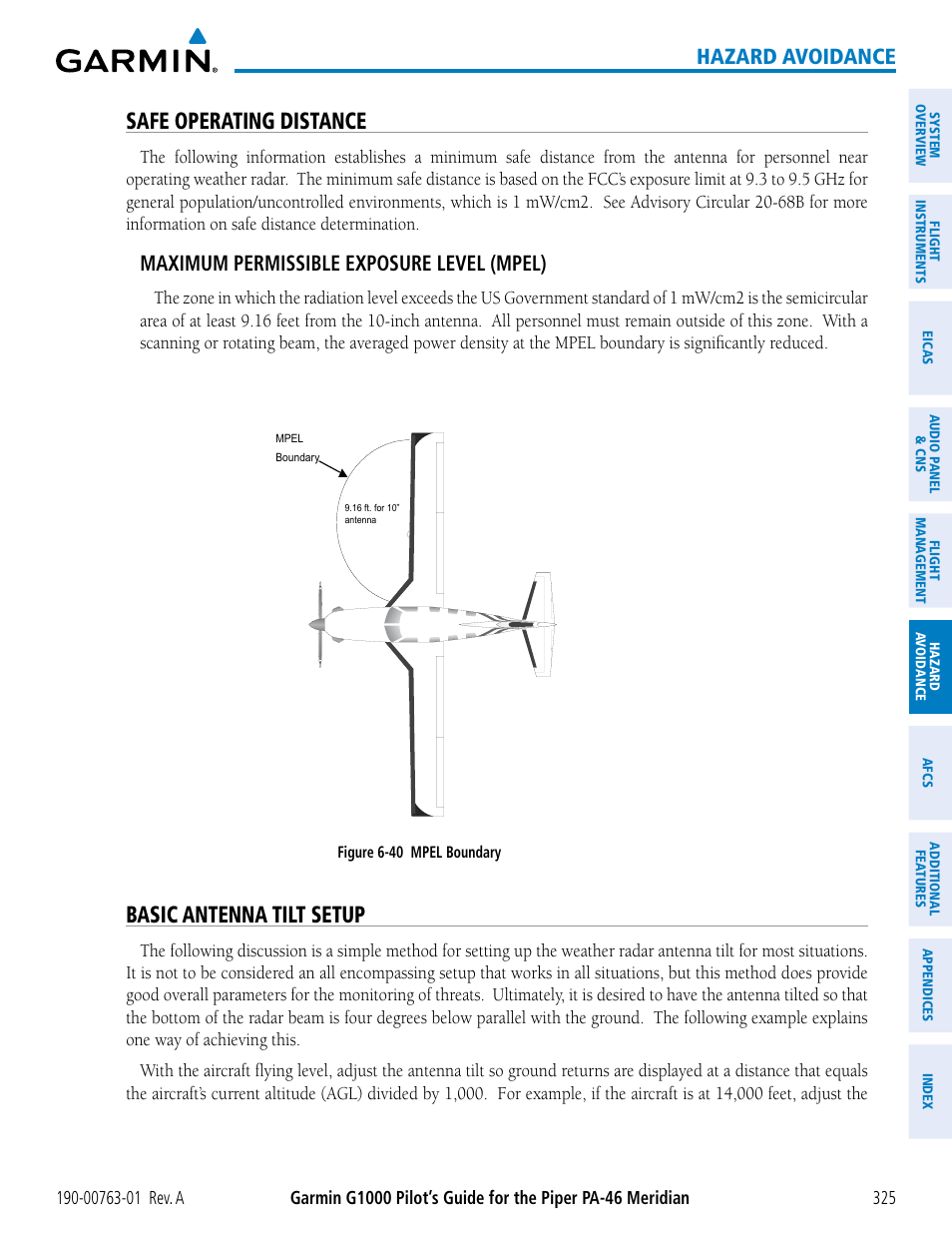 Safe operating distance, Basic antenna tilt setup, Hazard avoidance | Maximum permissible exposure level (mpel) | Garmin G1000 Piper PA-46 Meridian User Manual | Page 339 / 572