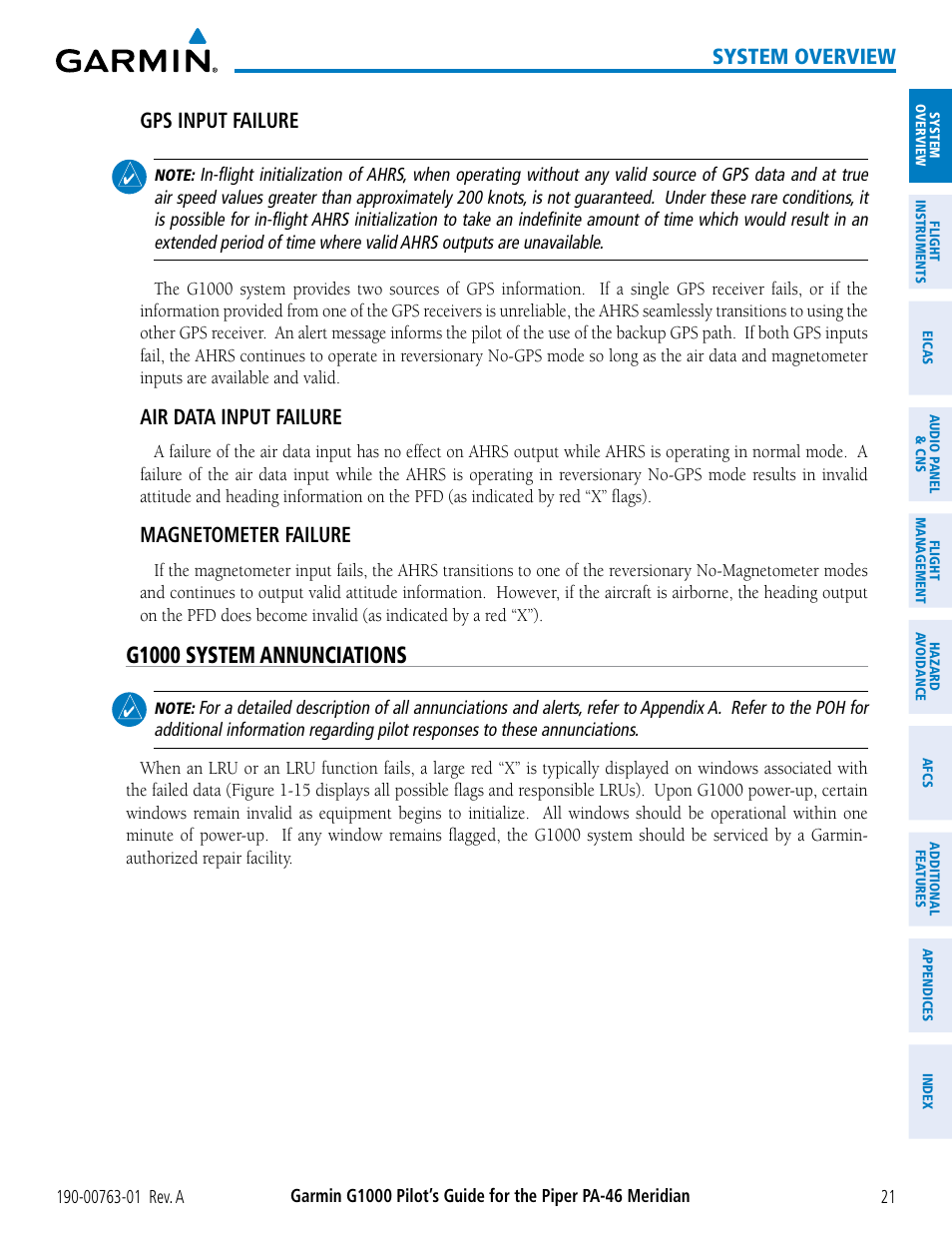 G1000 system annunciations, System overview, Gps input failure | Air data input failure, Magnetometer failure | Garmin G1000 Piper PA-46 Meridian User Manual | Page 35 / 572