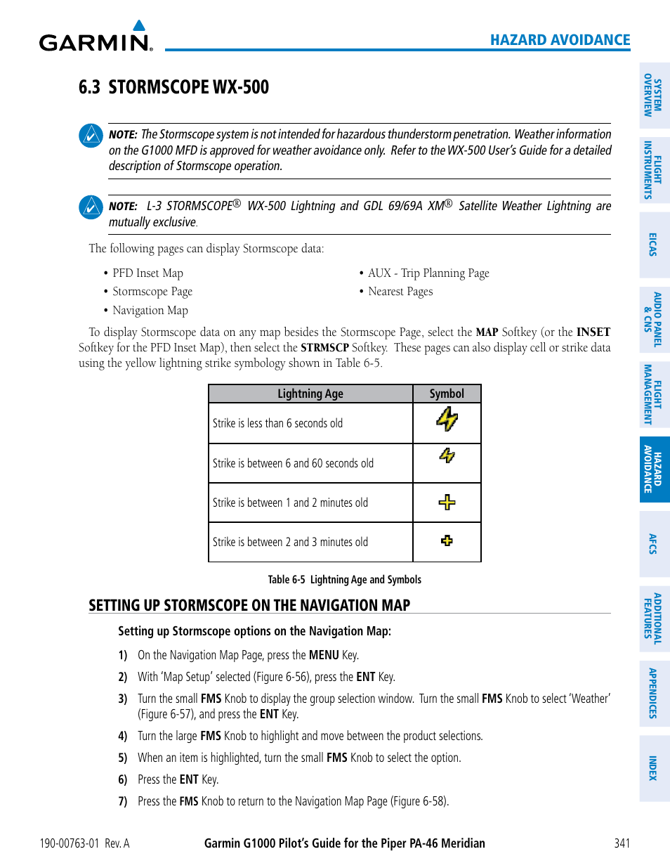 3 stormscope wx-500, Setting up stormscope on the navigation map, Hazard avoidance | Garmin G1000 Piper PA-46 Meridian User Manual | Page 355 / 572