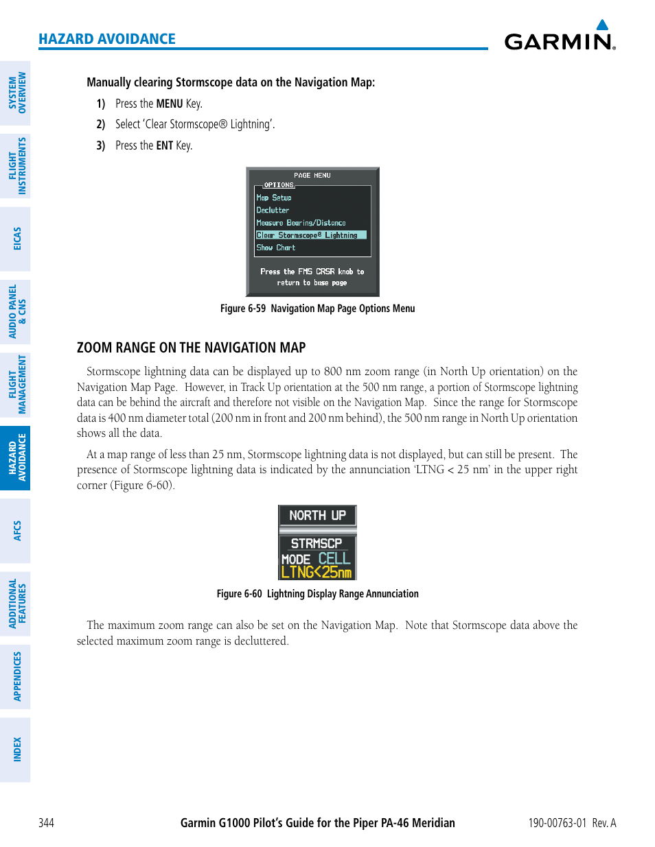 Hazard avoidance, Zoom range on the navigation map | Garmin G1000 Piper PA-46 Meridian User Manual | Page 358 / 572