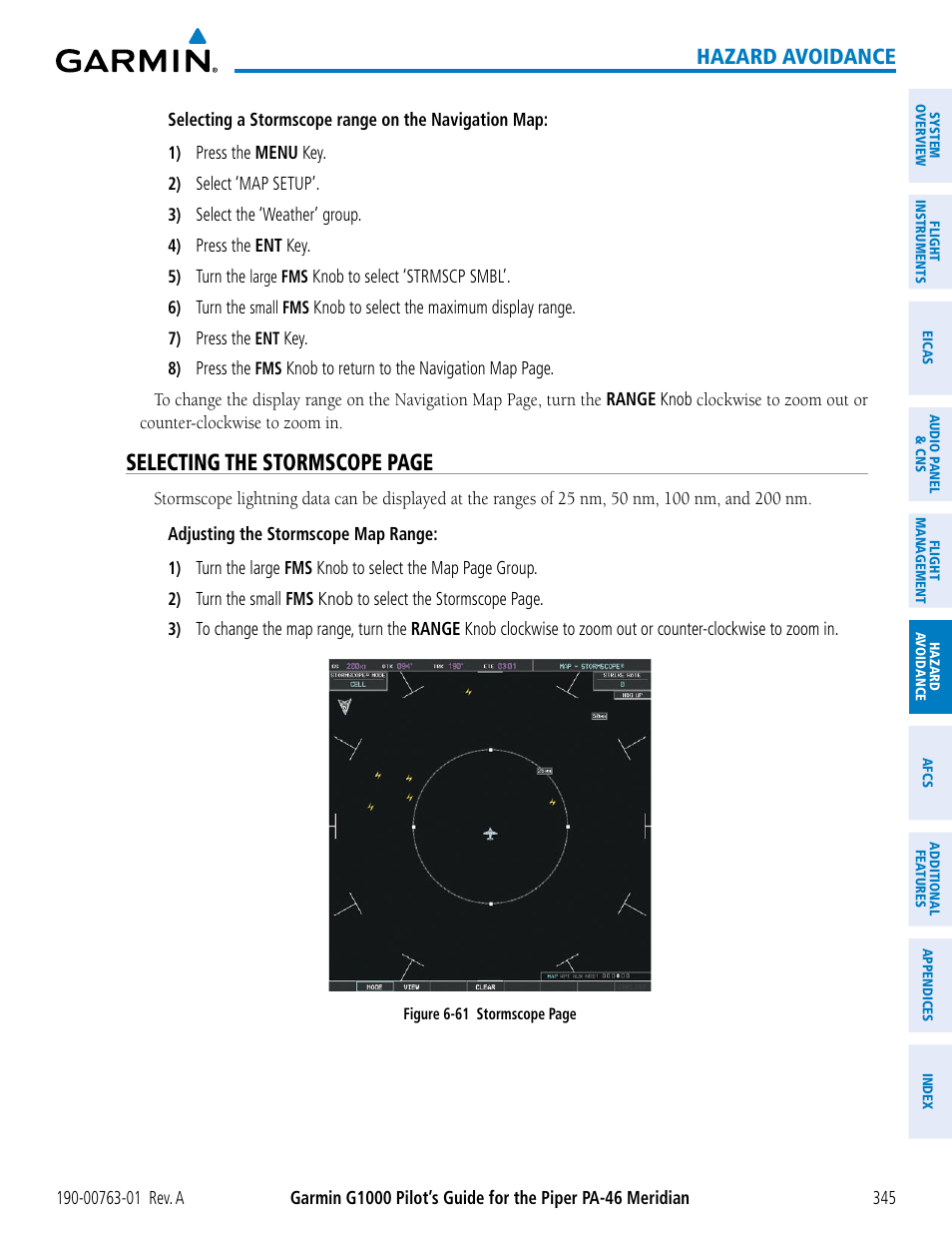 Selecting the stormscope page, Hazard avoidance | Garmin G1000 Piper PA-46 Meridian User Manual | Page 359 / 572