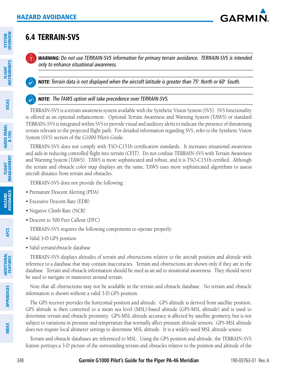 4 terrain-svs, Hazard avoidance | Garmin G1000 Piper PA-46 Meridian User Manual | Page 362 / 572