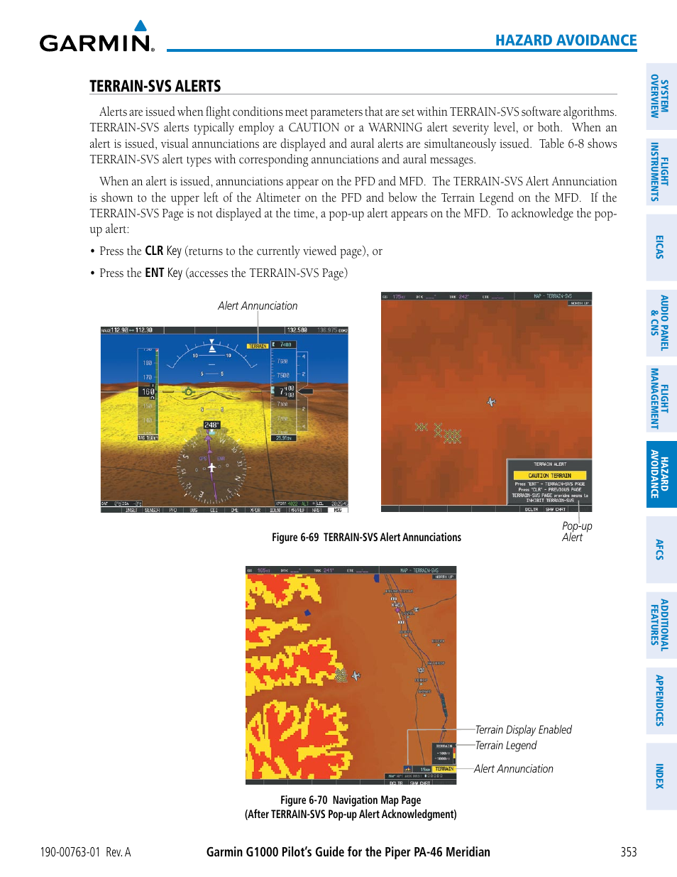 Terrain-svs alerts, Hazard avoidance | Garmin G1000 Piper PA-46 Meridian User Manual | Page 367 / 572