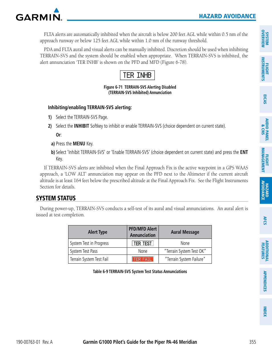 System status, Hazard avoidance | Garmin G1000 Piper PA-46 Meridian User Manual | Page 369 / 572
