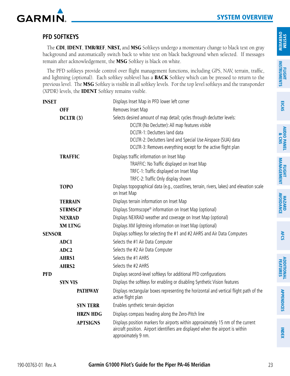 System overview, Pfd softkeys | Garmin G1000 Piper PA-46 Meridian User Manual | Page 37 / 572