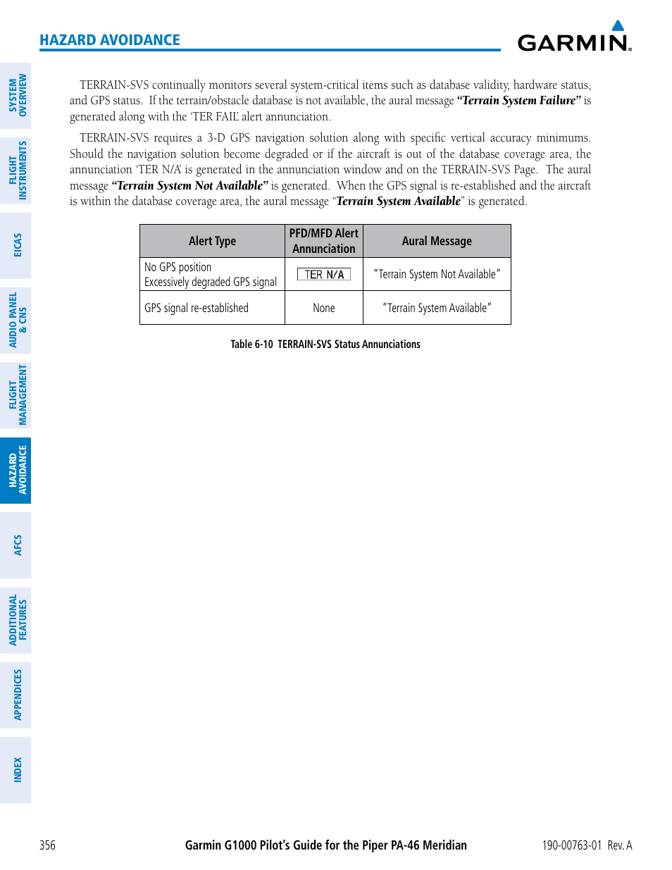 Hazard avoidance | Garmin G1000 Piper PA-46 Meridian User Manual | Page 370 / 572