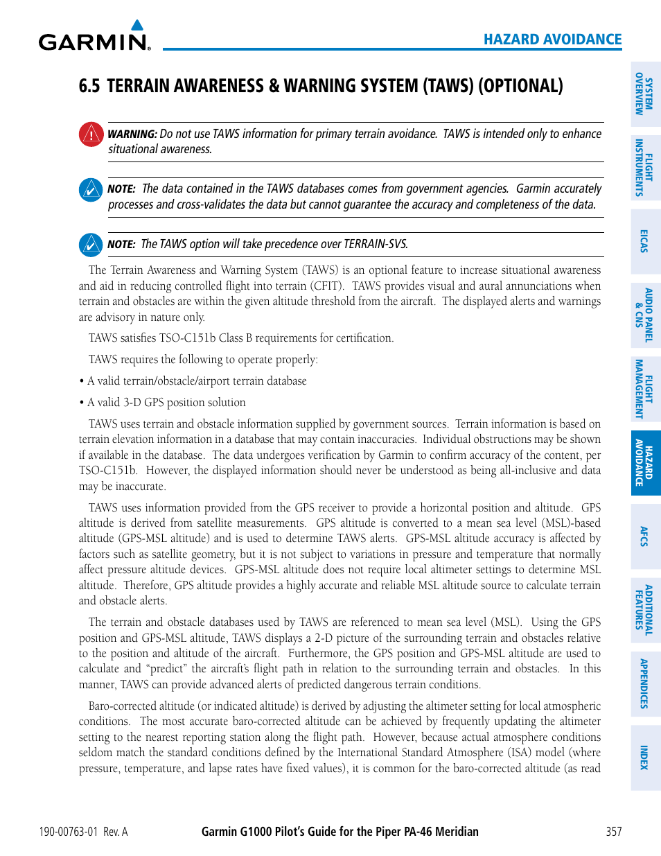 5 terrain awareness & warning system (opt), Hazard avoidance | Garmin G1000 Piper PA-46 Meridian User Manual | Page 371 / 572