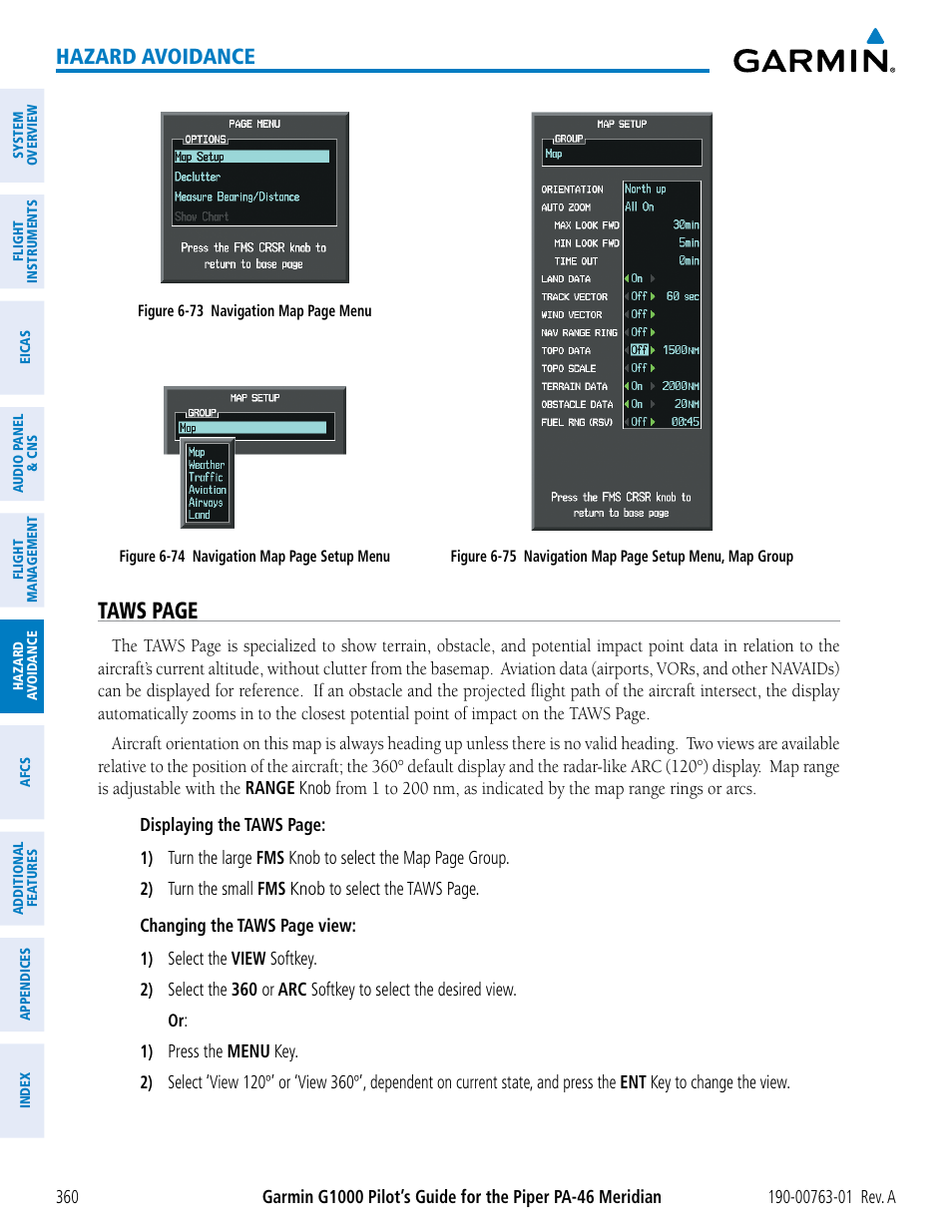 Taws page, Hazard avoidance | Garmin G1000 Piper PA-46 Meridian User Manual | Page 374 / 572