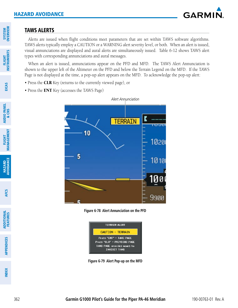 Taws alerts, Hazard avoidance | Garmin G1000 Piper PA-46 Meridian User Manual | Page 376 / 572