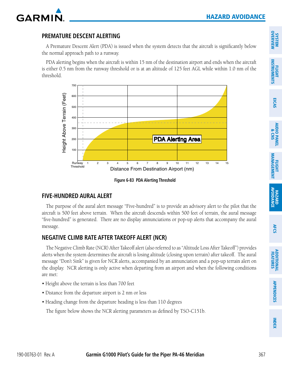 Hazard avoidance, Premature descent alerting, Five-hundred aural alert | Negative climb rate after takeoff alert (ncr), Pda alerting area | Garmin G1000 Piper PA-46 Meridian User Manual | Page 381 / 572