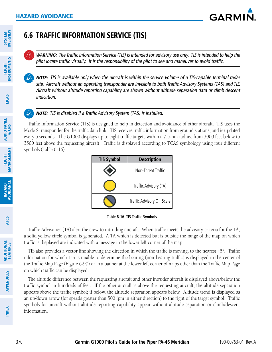 6 traffic information service (tis), Hazard avoidance | Garmin G1000 Piper PA-46 Meridian User Manual | Page 384 / 572