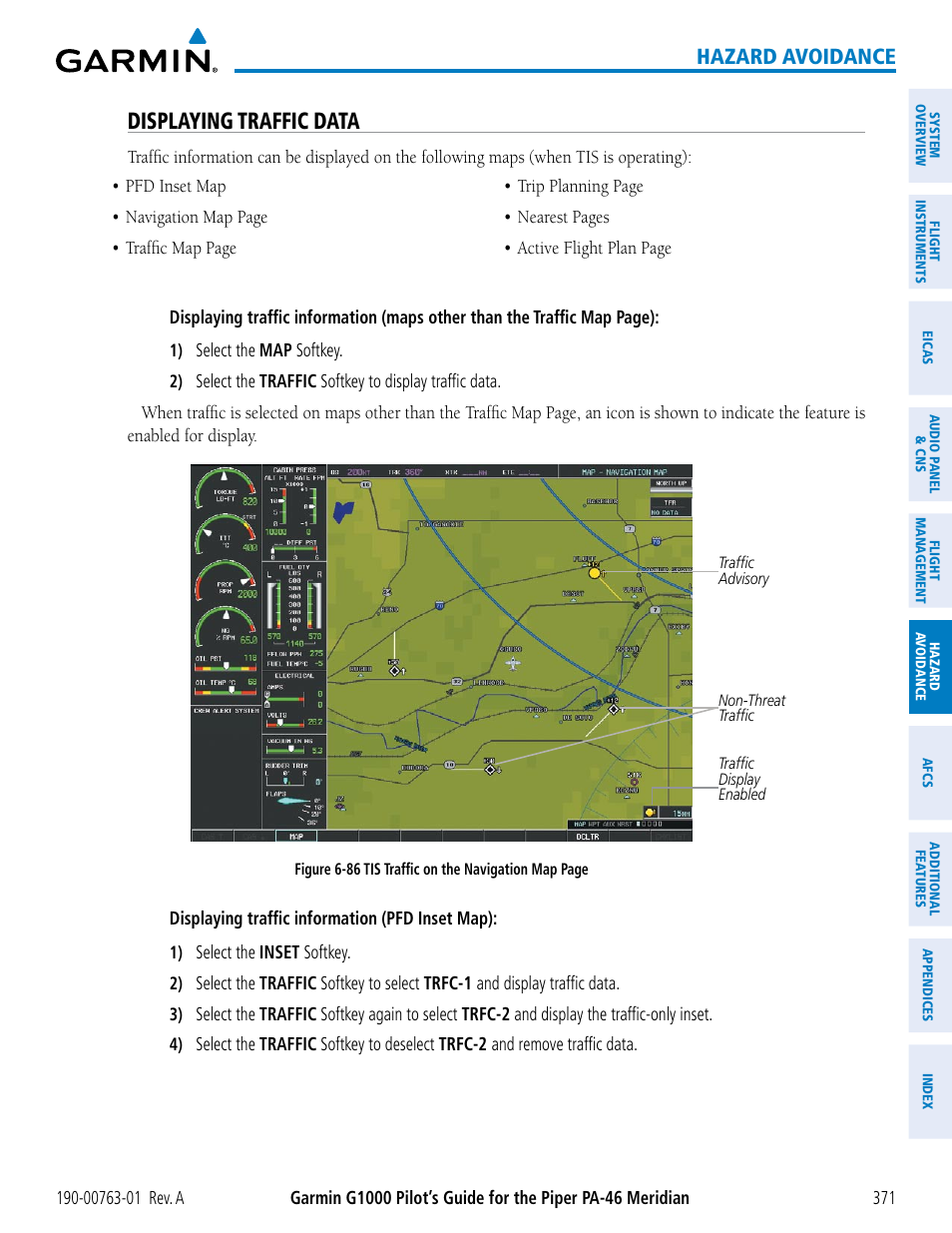 Displaying traffic data, Hazard avoidance | Garmin G1000 Piper PA-46 Meridian User Manual | Page 385 / 572