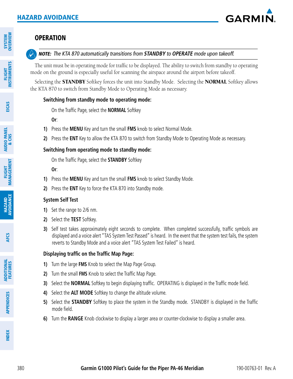 Operation, Hazard avoidance | Garmin G1000 Piper PA-46 Meridian User Manual | Page 394 / 572