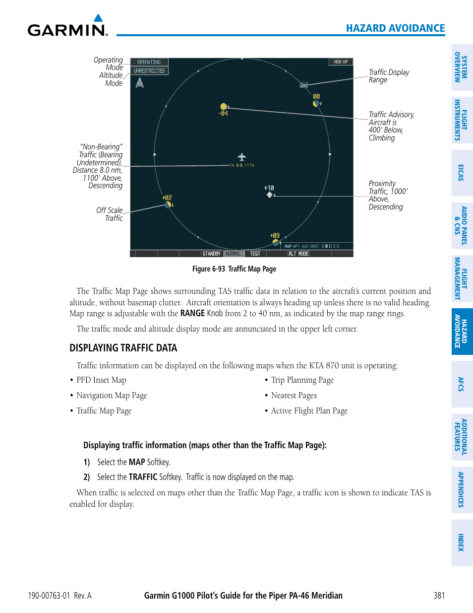 Hazard avoidance, Displaying traffic data | Garmin G1000 Piper PA-46 Meridian User Manual | Page 395 / 572