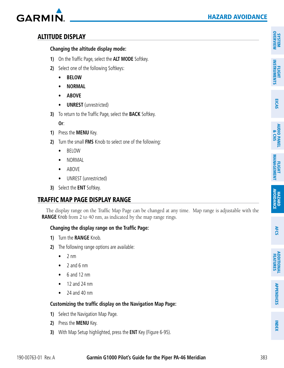 Altitude display, Traffic map page display range, Hazard avoidance | Garmin G1000 Piper PA-46 Meridian User Manual | Page 397 / 572