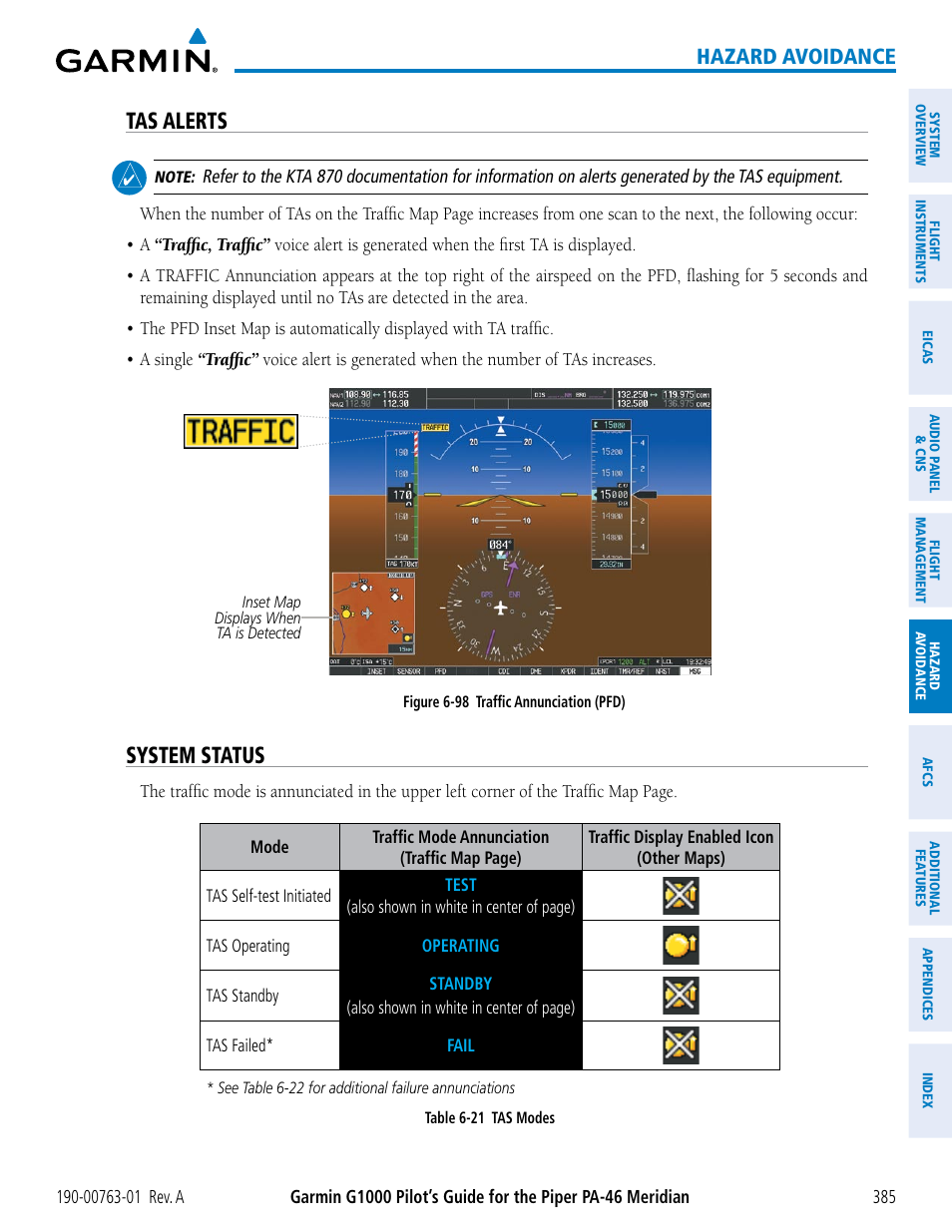 Tas alerts, System status, Hazard avoidance | Garmin G1000 Piper PA-46 Meridian User Manual | Page 399 / 572