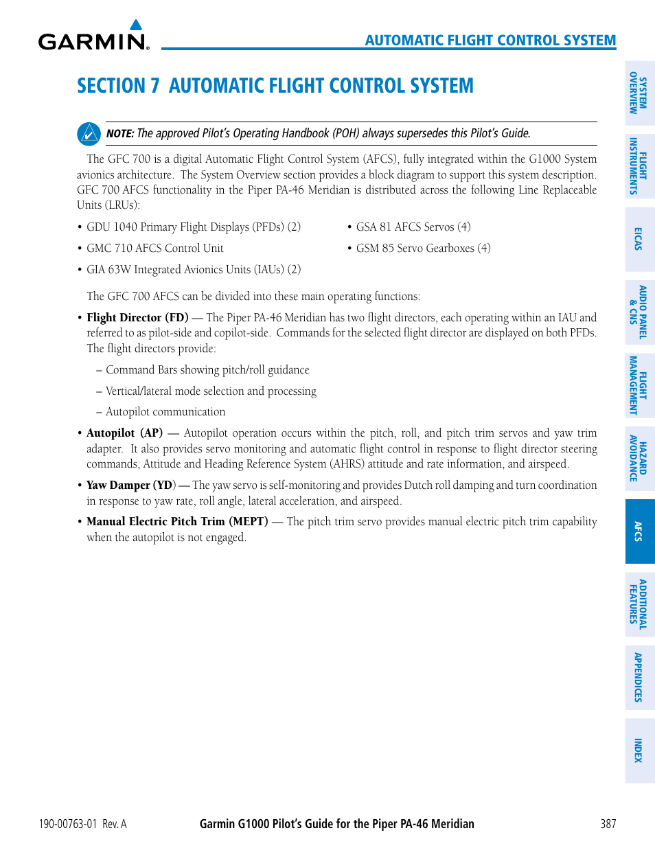 Section 7 automatic flight control system, Automatic flight control system | Garmin G1000 Piper PA-46 Meridian User Manual | Page 401 / 572