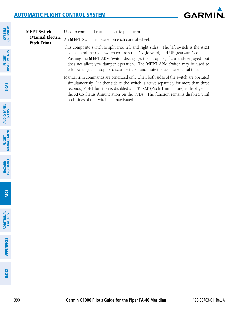 Automatic flight control system | Garmin G1000 Piper PA-46 Meridian User Manual | Page 404 / 572