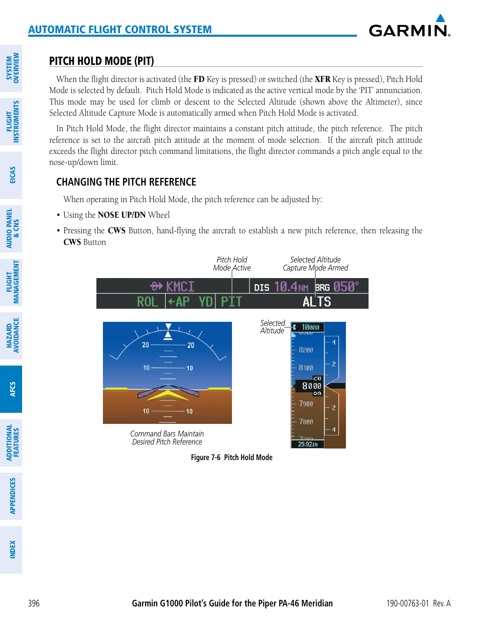 Pitch hold mode (pit), Automatic flight control system, Changing the pitch reference | Garmin G1000 Piper PA-46 Meridian User Manual | Page 410 / 572