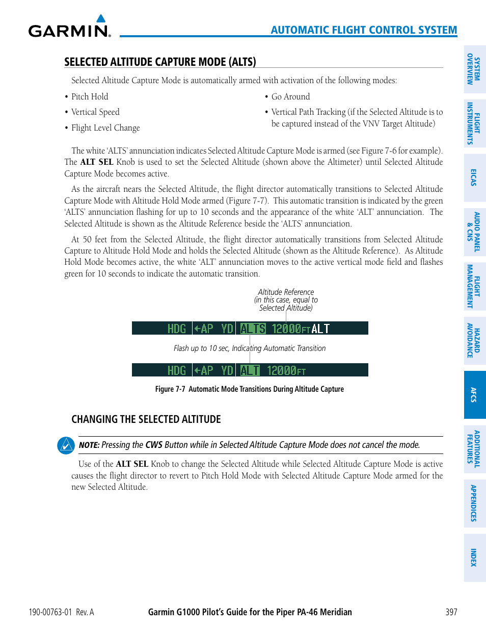 Selected altitude capture mode (alts), Automatic flight control system, Changing the selected altitude | Garmin G1000 Piper PA-46 Meridian User Manual | Page 411 / 572