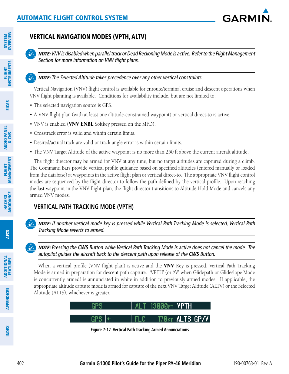 Vertical navigation modes (vpth, altv), Automatic flight control system, Vertical path tracking mode (vpth) | Garmin G1000 Piper PA-46 Meridian User Manual | Page 416 / 572