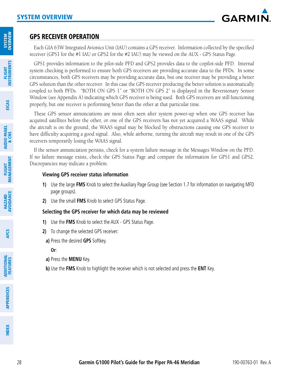 Gps receiver operation, System overview | Garmin G1000 Piper PA-46 Meridian User Manual | Page 42 / 572