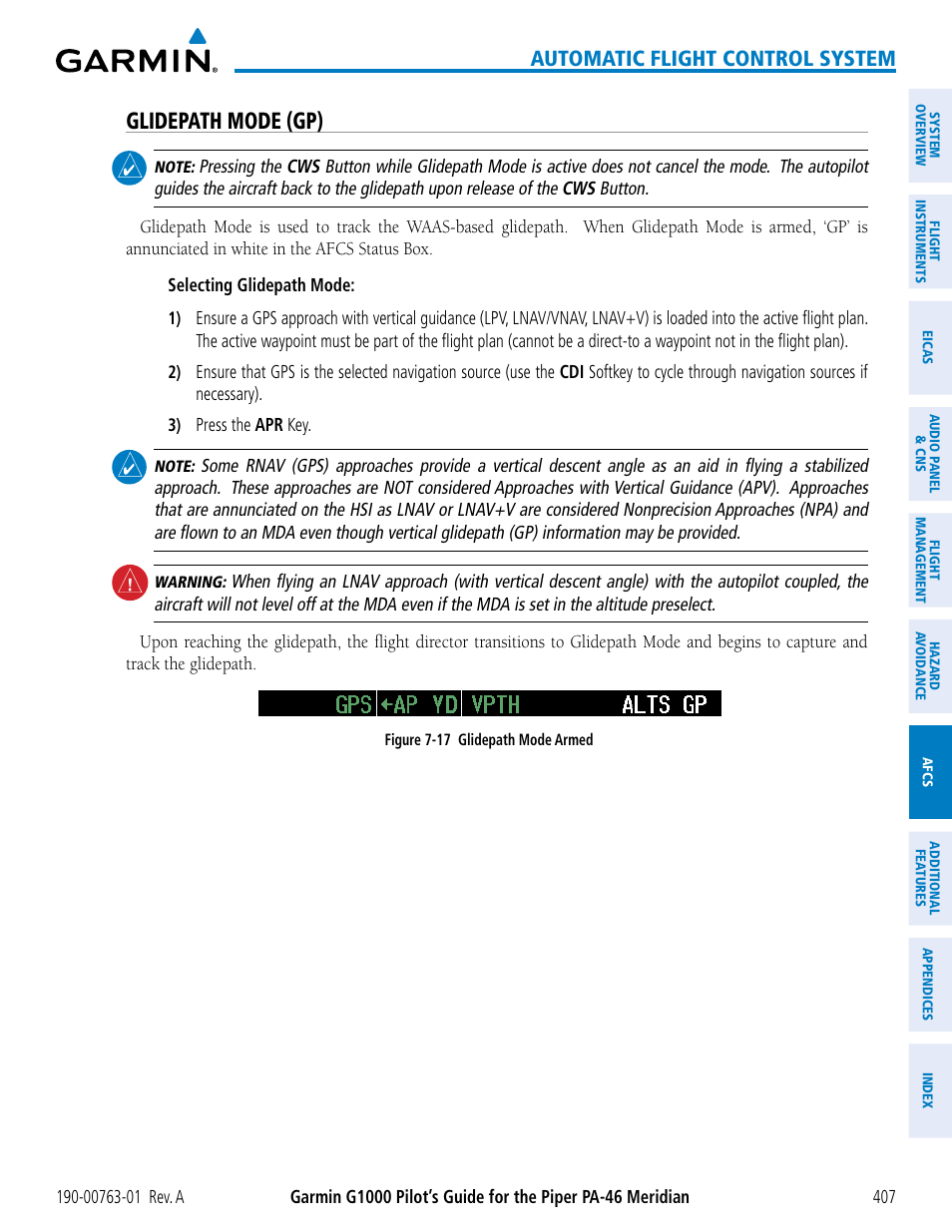 Glidepath mode (gp), Automatic flight control system | Garmin G1000 Piper PA-46 Meridian User Manual | Page 421 / 572
