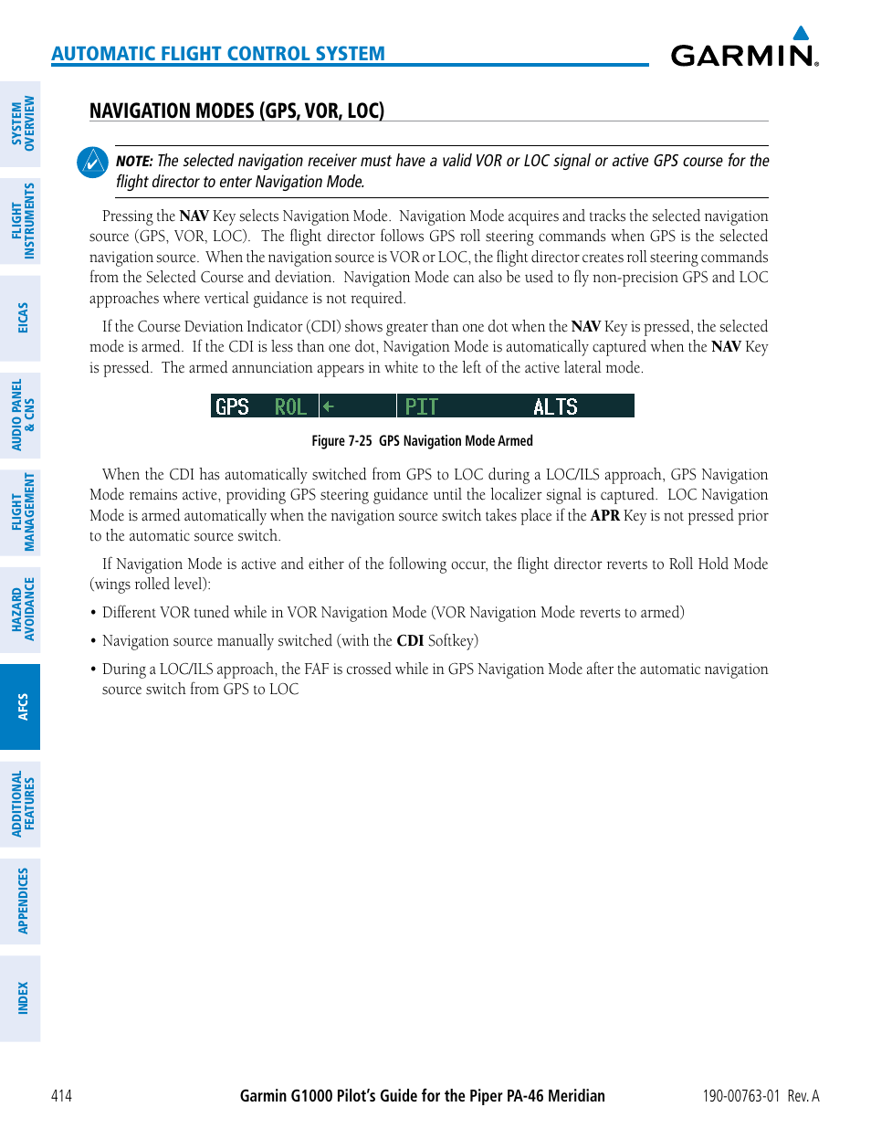 Navigation modes (gps, vor, loc), Automatic flight control system | Garmin G1000 Piper PA-46 Meridian User Manual | Page 428 / 572