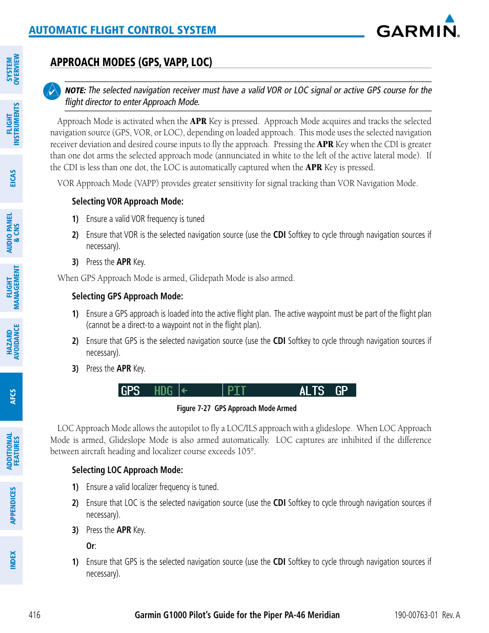 Approach modes (gps, vapp, loc), Automatic flight control system | Garmin G1000 Piper PA-46 Meridian User Manual | Page 430 / 572