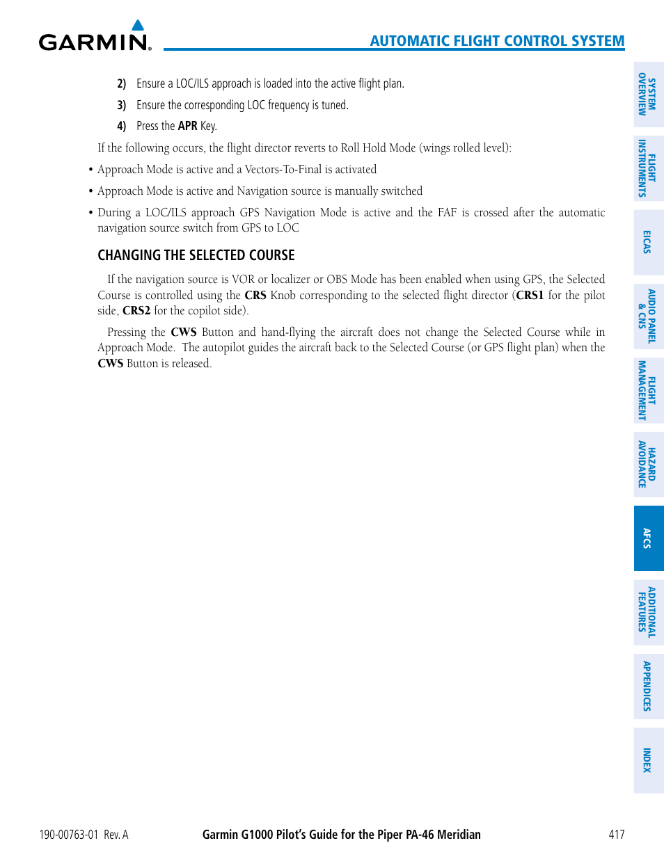Automatic flight control system, Changing the selected course | Garmin G1000 Piper PA-46 Meridian User Manual | Page 431 / 572