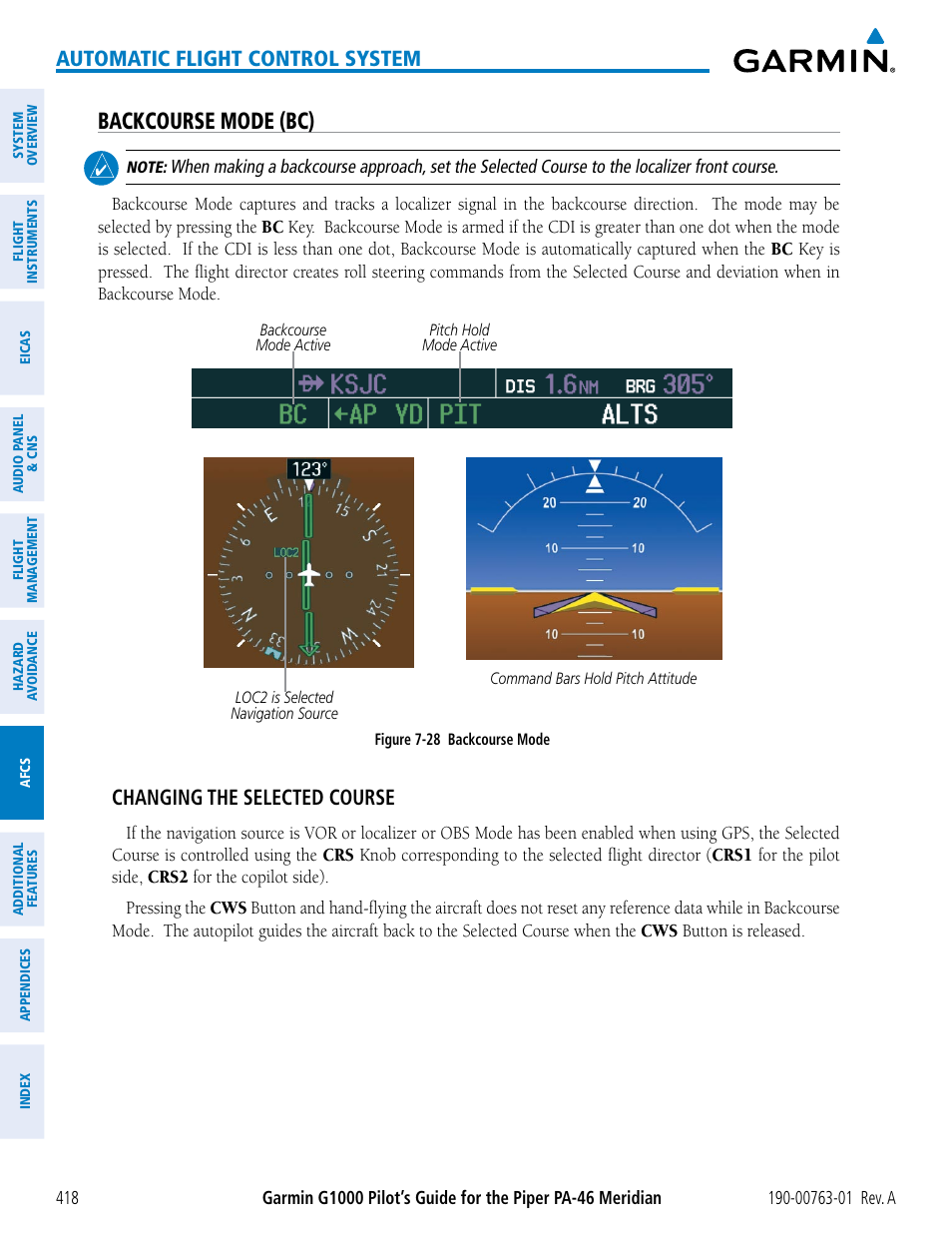 Backcourse mode (bc), Automatic flight control system, Changing the selected course | Garmin G1000 Piper PA-46 Meridian User Manual | Page 432 / 572