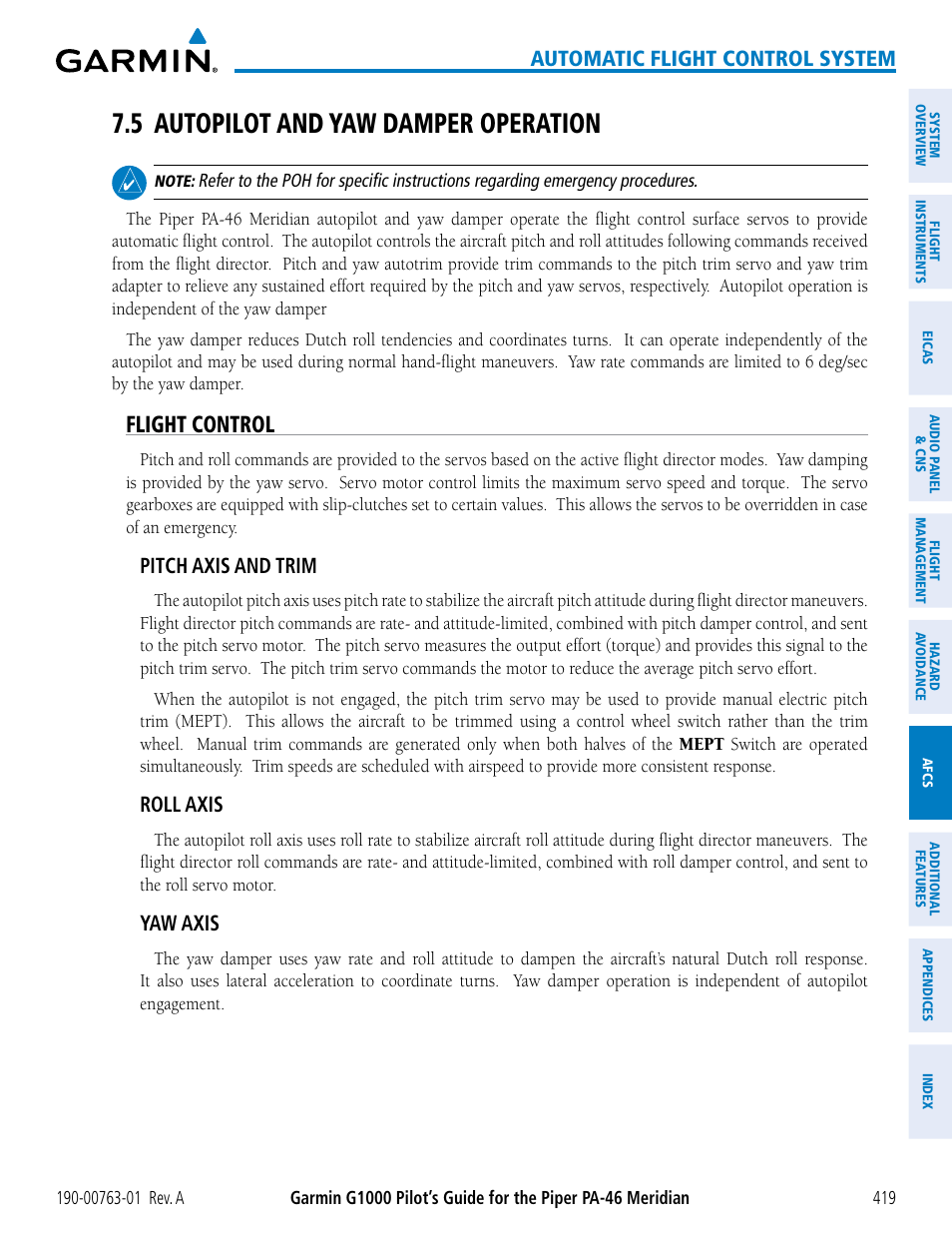 5 autopilot and yaw damper operation, Flight control, Automatic flight control system | Pitch axis and trim, Roll axis, Yaw axis | Garmin G1000 Piper PA-46 Meridian User Manual | Page 433 / 572