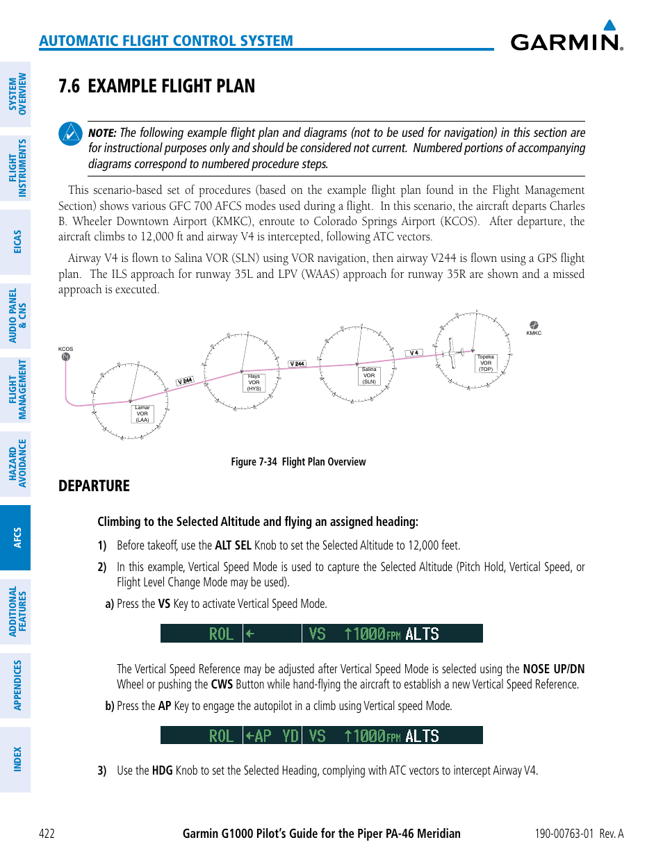 6 example flight plan, Departure, Automatic flight control system | Press the vs key to activate vertical speed mode, Figure 7-34 flight plan overview | Garmin G1000 Piper PA-46 Meridian User Manual | Page 436 / 572